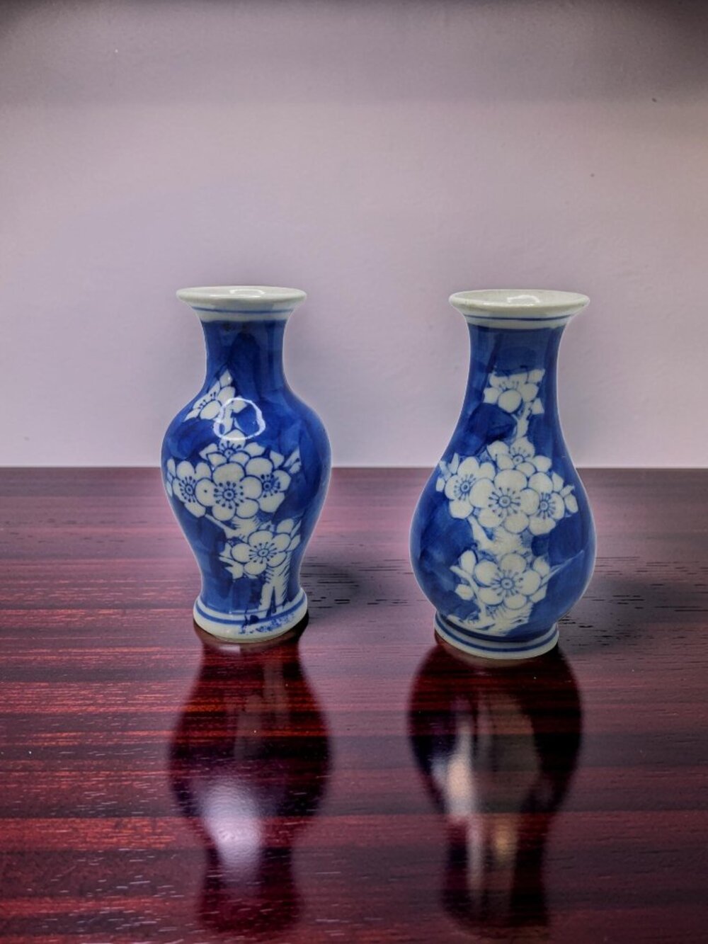 Vintage Asian Porcelain Vases Handpainted Blue & White Featuring Cherry Blossom
